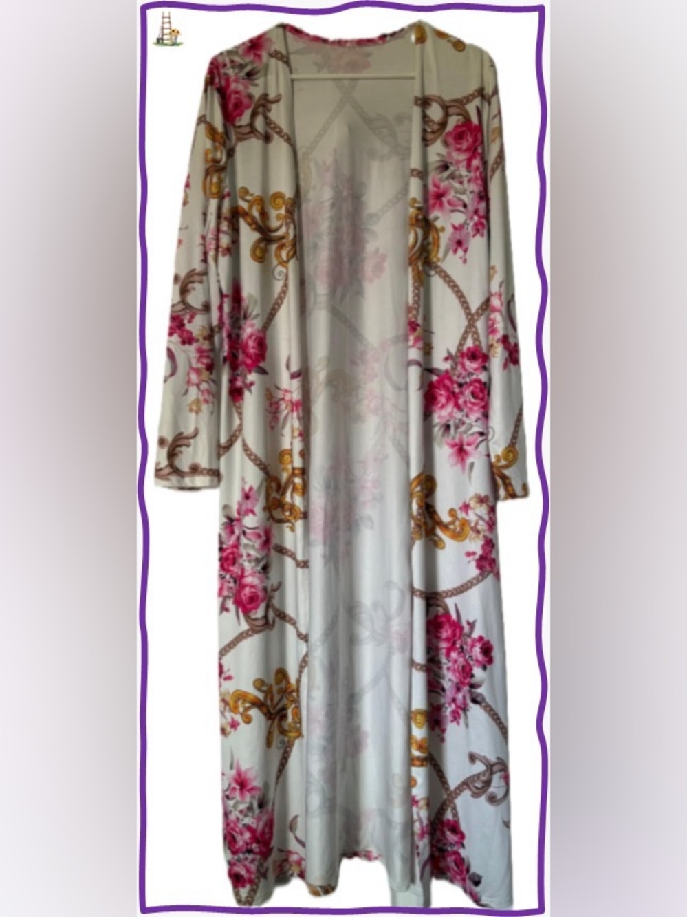 VLUNT Floral Pink & Gold Long Open Cardigan Duster